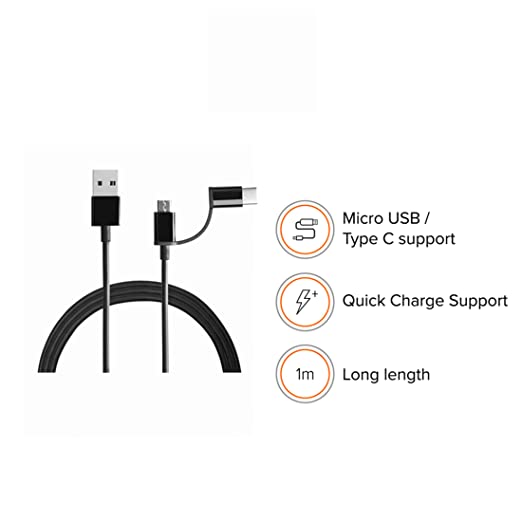 Mi 2-in-1 USB Cable 100cm Black|Multipurpose Cable which Supports Both Type C & Type B/Micro USB Devices|480Mbps Speed|Compatible with All mobiles & Accessories Mi 2-in-1 USB Cable 100cm Black|Multipurpose Cable which Supports Both Type C & Type B/Micro USB Devices|480Mbps Speed|Compatible with All mobiles & Accessories